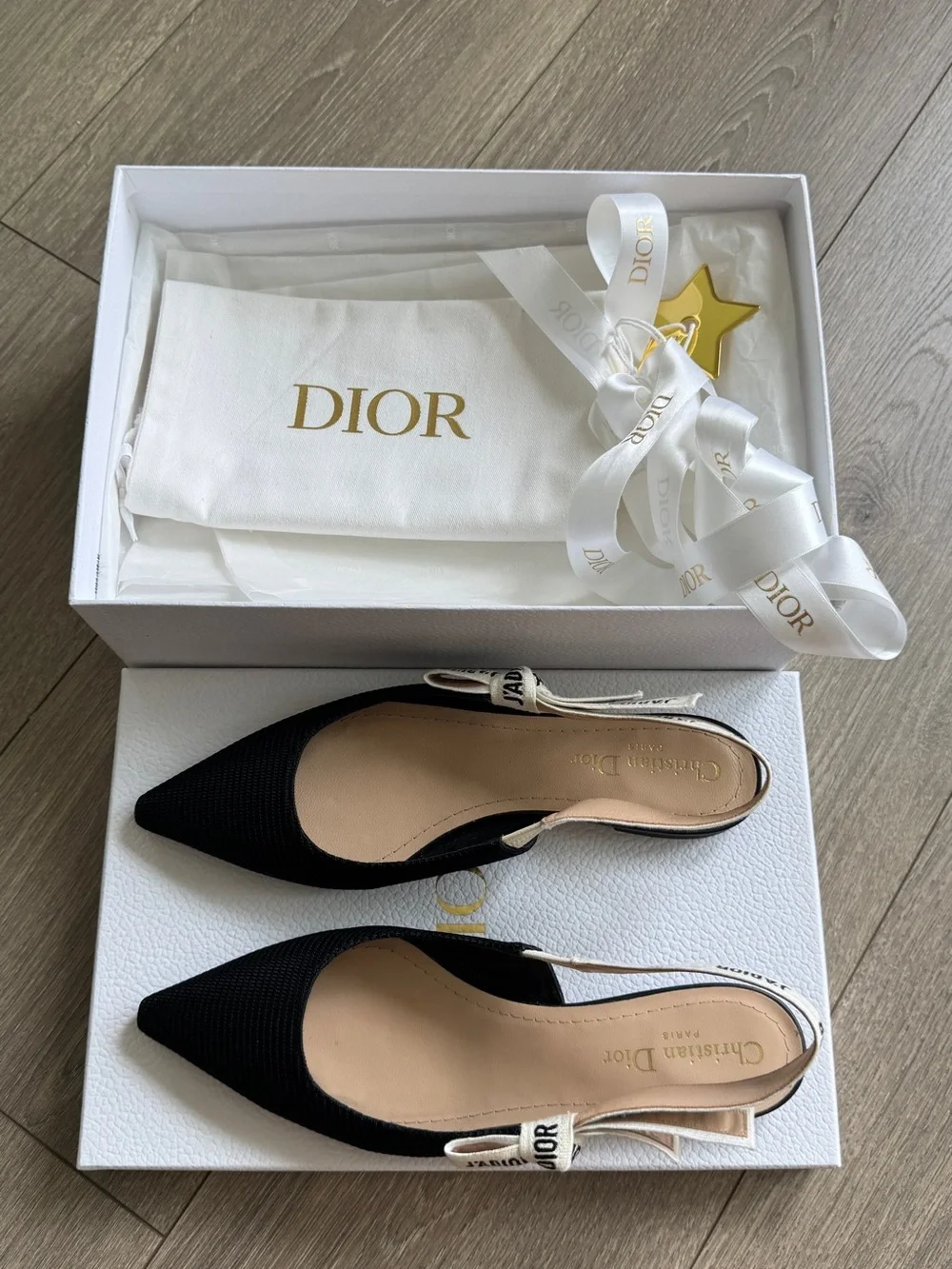Dior Black Pointed Slingback Flats with Ivory Logo Strap. J'Adior Slingback Flat - Picture 1 of 7
